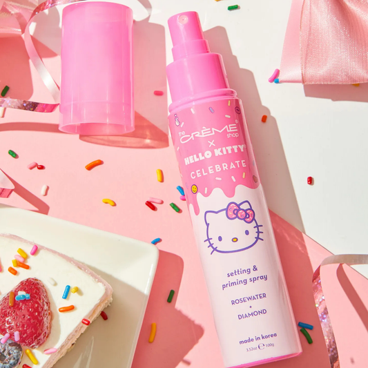 Fijador de Maquillaje & Primer 12 horas de duración, con Extracto de Rosas y Diamantes- The Creme Shop x Hello Kitty- Hecho en Corea.