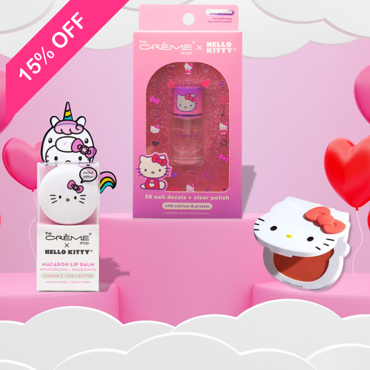 15% Descuento, Set the creme shop x hello kitty, Esmalte con decoraciones, rubor en crema y bálsamo labial sweet sprinkles.