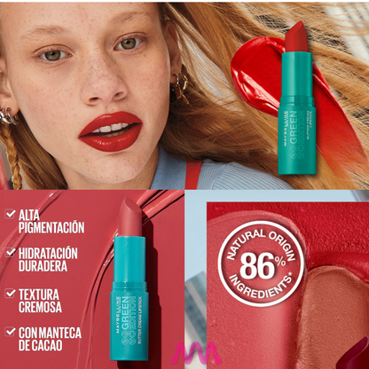 Labial cremoso hidratante con Manteca de Cacao Green Edition Maybelline
