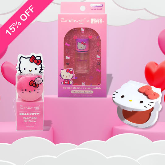 15% Descuento en Set the creme shop x hello kitty- Bálsamo labial Icing on the cake, Rubor en crema y set de esmalte con decoraciones.