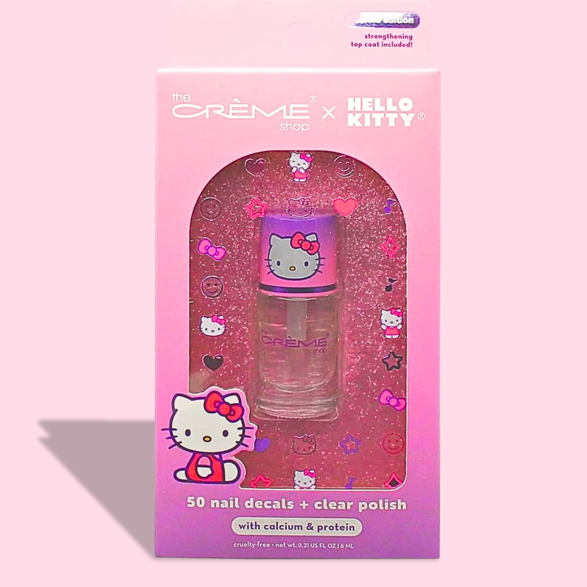 The Crème Shop x Hello Kitty – Kit de Esmalte Transparente con Calcio y Proteína + 40 Calcomanías para Uñas  | Nail Art